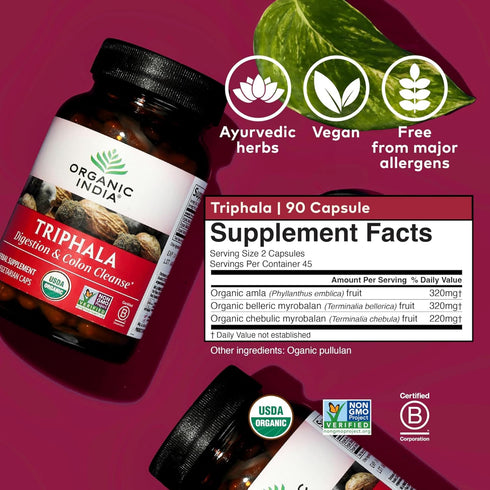 ORGANIC INDIA Triphala Capsules Organic - Herbal Supplement with Amla, Bibhitaki, Haritaki, Digestion & Colon Support, Immune System Support, Adap...