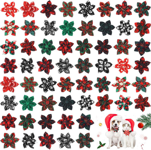 60 Pcs Plaid Dog Collar Flowers Bulk Pet Flower Collar Bow Ties Holiday Dog Accessories Charms Slide Attachment for Small Medium Large Dog Cat Pup...
