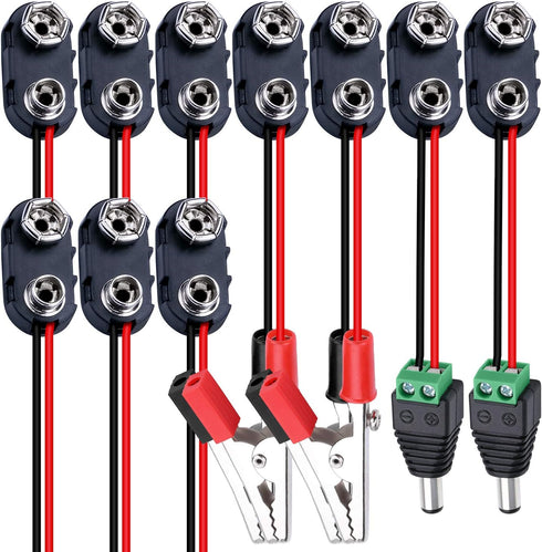 DAIERTEK 10pcs 9V Battery Connector 9 Volt Battery Snap Clip I Type with 2 Pairs of Alligator Clips and 2.1mm X 5.5mm DC Male Power Plug...