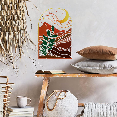 FINGERINSPIRE 2 Pcs Sun and Moon Painting Stencils 11.7x8.3 inch Boho Sunrise Themes Plastic Templates Cactus Leaves Stars Pattern Stencils Reusab...