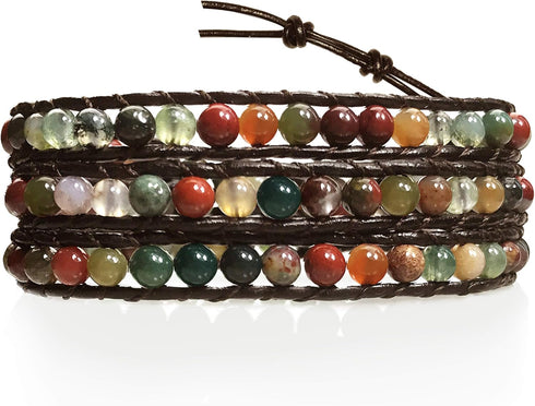 "Hot Mix Color India Agate Stainless Steel Snap Button Lock Genuine Leather Bracelet...