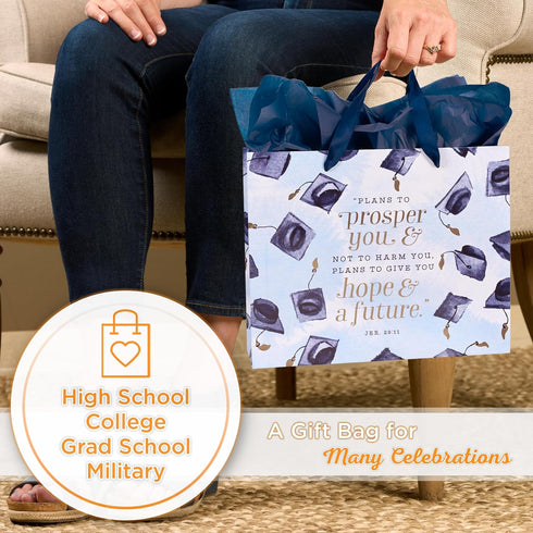 Christian Art Gifts Landscape Gift Bag with Card and Tissue Paper Set - Hope and A Future - Jeremiah 29:11 Inspirational Bible Verse, Navy Graduat...