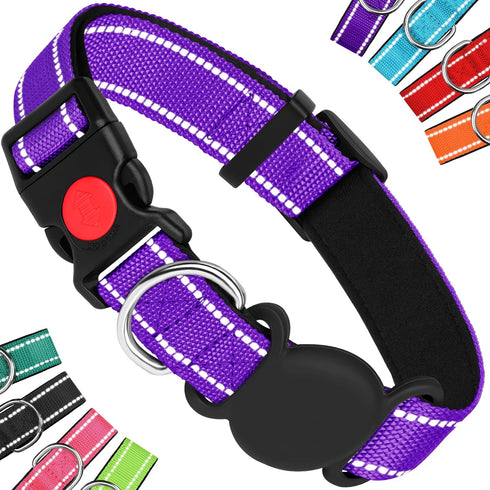 Dog Collar for Medium Large Breed Dogs with 360° Water Proof Airtag Holder, Padded Soft Reflective Nylon Pet Collar for Puppy Small Girl Boy Dogs,...