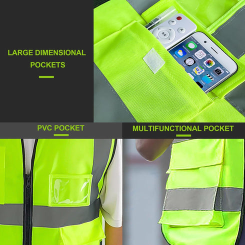 GOOFIT High Visibility Safety Vest for Men and Women?Cycling Vest with Zip, Reflective Vest, Work Vest?With 4 Front Pockets and Zip S Green...