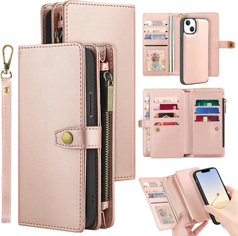 for iPhone 13 Case Leather Wallet with Card Holder, Magnetic Closure Full Shockproof Protection Drop Absorption Heavy Duty Phone Cover with Card S...