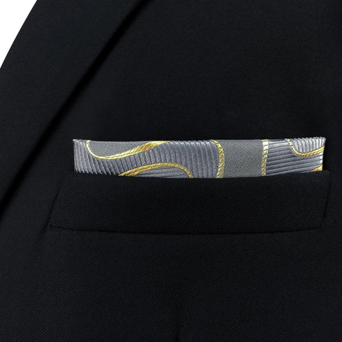 S&W SHLAX&WING Mens Pocket Square Grey with Yellow Golden Geometric Wedding...