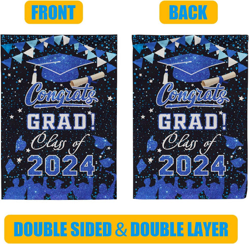 PAMBO Graduation Garden Flag Class of 2024, Blue Congrats Grade Flag for Outside Hanging Decors 12x18 Inch Burlap...