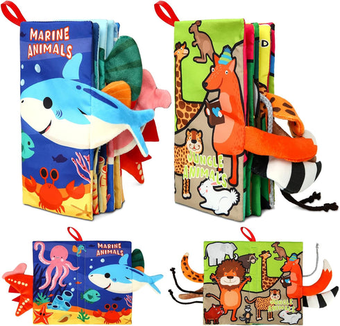 2PCS Baby Books - Montessori Toys Cute Animal Theme Baby Cloth Books 6 to 12 Months, Soft Stuffed High Contrast Crinkle Infant Sensory Toys, Boys&...