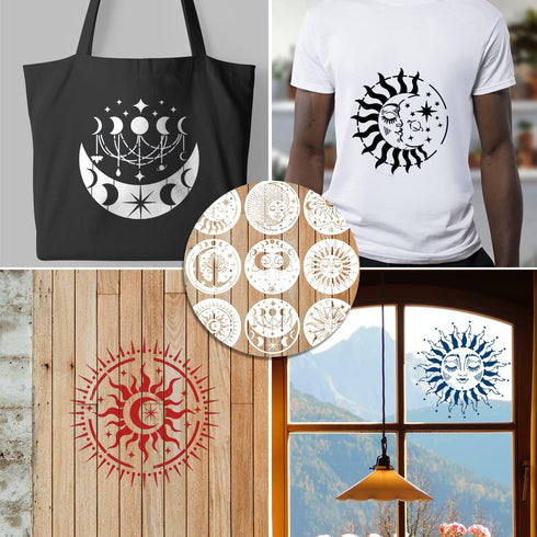 9pcs Mandala Sun and Moon Stencil, Star Sun and Moon Stencils Reusable Mandala Sun Stencils Decoration Moon Template for Painting Crafts Wood Wall...