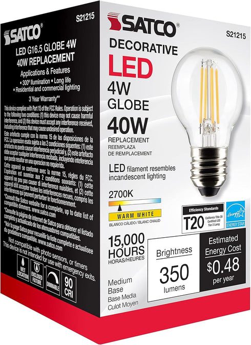 Satco 4-Watt LED E26 Light Bulb, 2700K, 15000 Hour Rating, Dimmable...