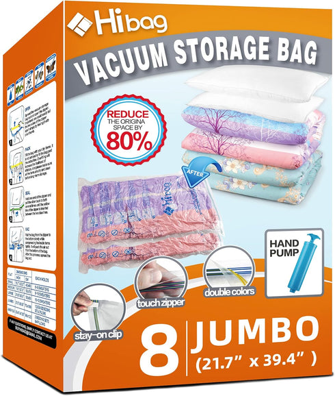 8 Jumbo Space Saver Bags, Vacuum Storage Bags for Clothes, Clothing, Comforter and Blanket Hand-Pump (8-Jumbo)...