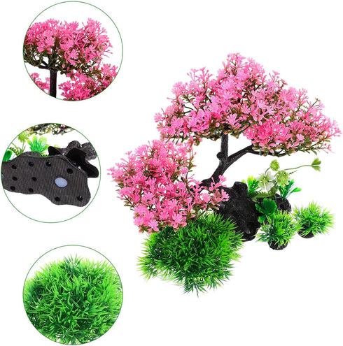 Didiseaon Aquarium Artificial Plants Decor, Pink Cherry Blossom Tree Grass Set Plastic for Fish Tank Accessories, Fish Tank Decorations...