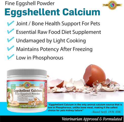 Pet's Friend Eggshellent Calcium 6 oz - Fine Eggshell Powder Calcium Supplement for Dogs and Cats, Low Phosphorous Non-Bovine Ingredients, Nourish...