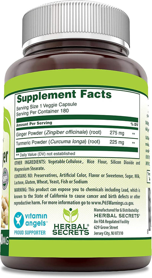 Herbal Secrets Turmeric & Ginger 500 Mg Veggie Capsules Supplement | Non-GMO | Gluten Free | Made in USA (1 Pack, 180 Count)...
