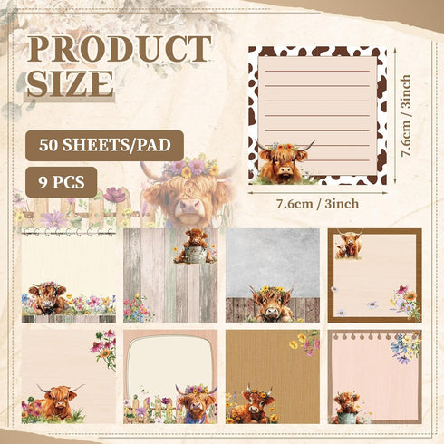 9 Pads Cow Sticky Notes Floral Highland Cow Theme 3x3 Self-Stick Cute Brown Cow Print Notes Adhesive Memo Pad Cow Office Decor for School Office H...