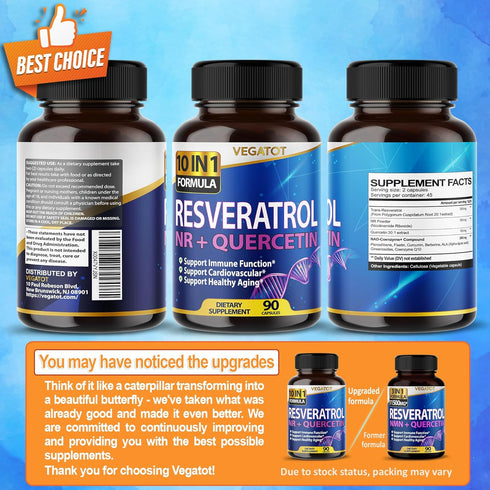 VEGATOT 10 in 1 High Strength Resveratrol 11,500MG with Quercetin Healthy Aging Immune Brain Boost Joint Support (90 Count (Pack of 1))...