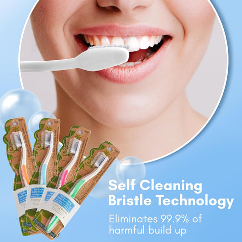 Compostable Toothbushes, Dual Action Flossing Bristles, Silver Infused Soft Bristle Toothbrush, Natural Toothbrushes for Adults, Multi Color, 4-Pa...