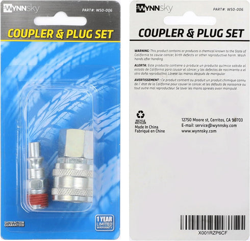 WYNNsky Air Coupler and Plug Kit, 1-pc 1/4'' FNPT ARO Style Coupler&1-pc 1/4'' MNPT ARO Style Air Plug with Sealant, Air Compressor Accessories Ki...
