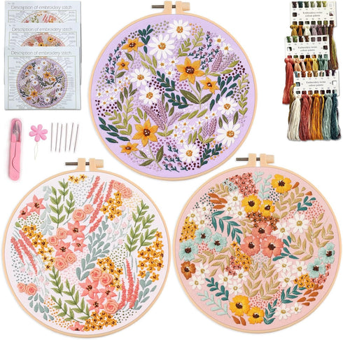Myfelicity Embroidery kit, Adult Embroidery Material Set with Cute Flowers and Plants Patterns. 3 Embroidery Clothes and Colors Threads. 1 Hoop. (...
