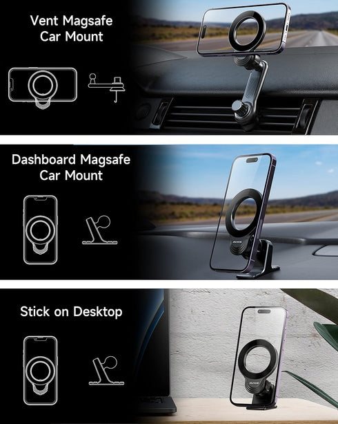 Magnetic Car Phone Mount for iPhone 15/14/13/12 Pro Max Mini & MagSafe Cases - 360 Degrees Rotation, One-hand Operation, Super Strong Magnet Force...