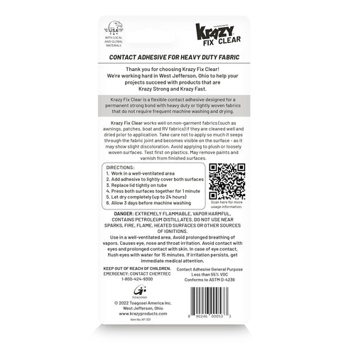 Krazy Fix Clear Fabric Glue, Washable, 100% Waterproof Permanent Bond Glue for Fabric, Heavy Duty Adhesive for Clothing, Patches, Canvas and more,...