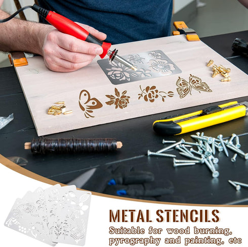 Lewtemi 6 Pcs Mixed Metal Stencil Wood Stencil Templates Stencils for Journaling Wood Burning Stencils for Wood Carving Drawing Engraving Scrapboo...