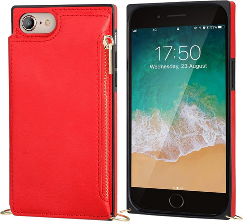 Bocasal Crossbody Wallet Case for iPhone SE 2022/SE 2020/7/8 with Card Holder,Zipper Card Slot Protector Shockproof Purse Cover with Removable Cro...