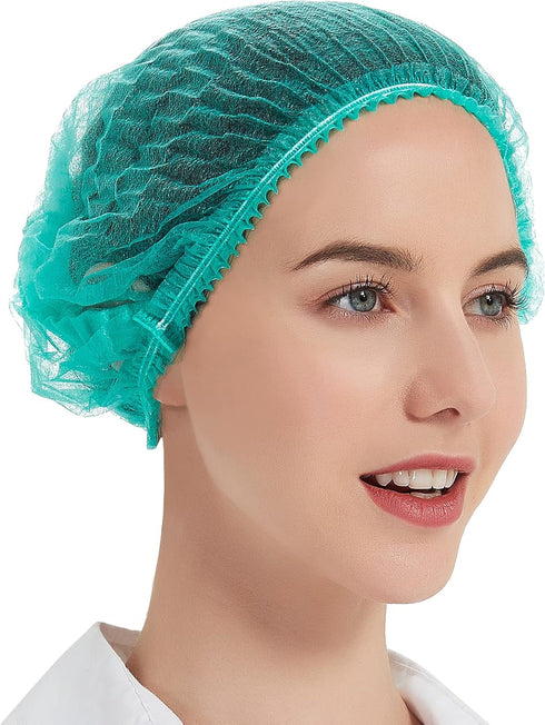 ProtectX 100-Pack Green Disposable Hair Nets, Elastic Head Cover, Bouffant Caps, Sanitation Head Cover for Food Service, Spa Men & Women - 21 inch...
