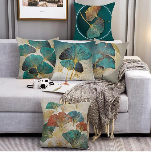 Throw Pillow Cover Green Plant Leaves - 18 x 18 Inch Teal Pillow Cushion Cover - Set of 2 Turquoise Ginkgo Leaf Cushion Case, Great for Sofa, Bedr...