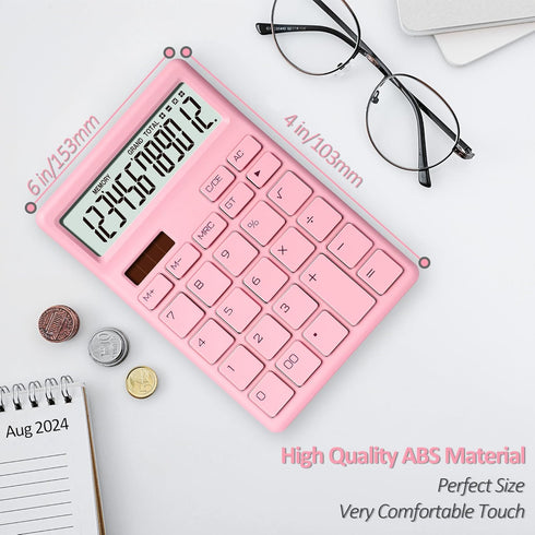 Standard Calculator 12 Digit,Pink Desktop Dual Power Battery and Solar,Desk Calculators with Large LCD Display,Perfect for Home, Office,and School...