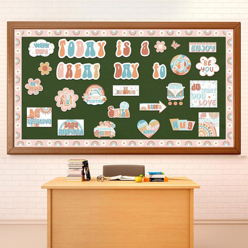 28PCS Hippie Today is A Great Day to Mindset Bulletin Board Set for Classroom Groovy Encouraging Paper Bulletin Board Decoration Set Hippie Cutout...