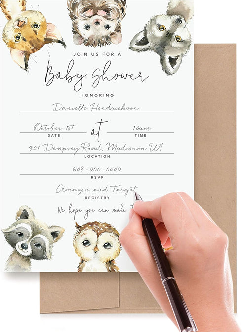 Bliss Collections 25 Baby Shower Invitations with Envelopes Woodland Animals, Forest Creatures, Fox, Owl, Racoon, Wolf, Hedgehog, Bobcat - Gender ...