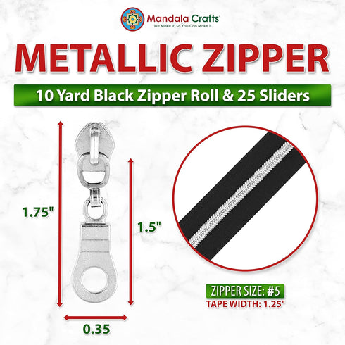 Mandala Crafts Metallic Silver Zipper Tape by The Yard #5 with Pulls - Black Nylon Coil Upholstery Zippers for Sewing - Continuous Zipper Chain 10...