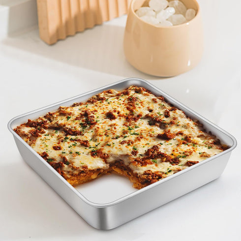TeamFar Square Cake Pan, 9 Inch Stainless Steel Square Baking Roasting Pan for Cake Brownie Lasagna, Non-Toxic & Heavy Duty, One Piece Design & Sm...