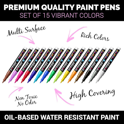 Fine Tip Paint pens for Rock Painting - Wood, Glass, Metal and Ceramic Works on Almost All Surfaces Set of 15 Vibrant oil based fine point paint m...