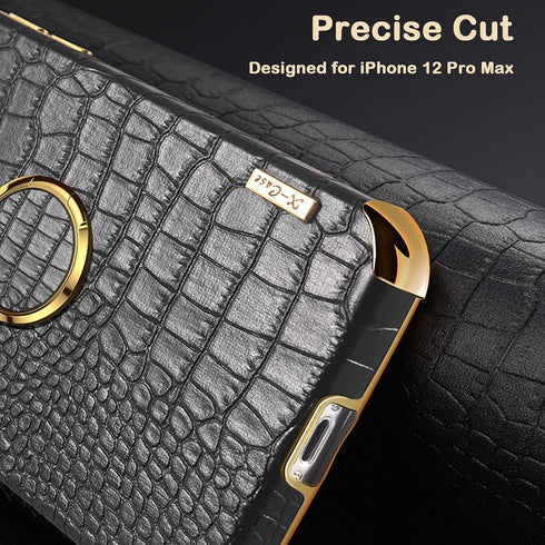 aowner Compatible with iPhone 12 Pro Max Ring Holder Case Luxury Crocodile Cover Gold Edge 360 Degree Rotation Stand for Women Girls Slim Leather ...