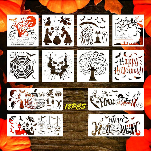 NGLAT 12 Pcs Halloween Stencils Template Large Halloween Pumpkins Painting Stencils Reusable Witch Skeleton Template for DIY Cards Crafts Drawing ...