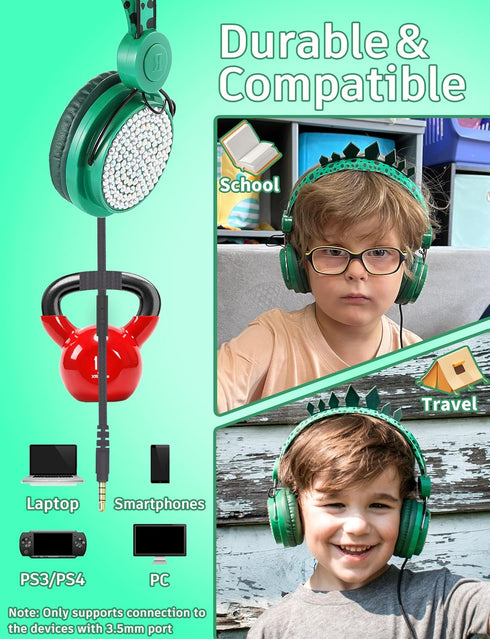 Kids Headphones,Dinosaurs Wired Headsets for Boys&Girls,Built-in Mic&On/Over Ear HD Stereo for Online Study/School/Tablet with Nylon Cable (Green)...