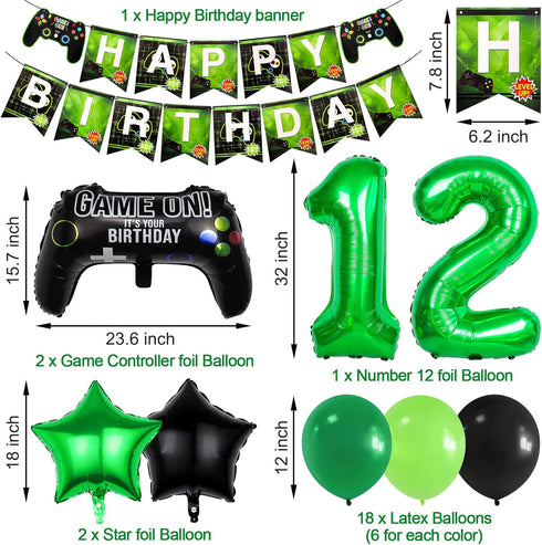 12th Video Game Birthday Party Set Include Happy Birthday Banner Video Game Balloons Controller Balloons Green Black Stars Aluminum Foil Balloons ...