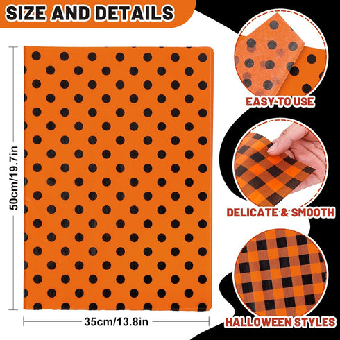 Whaline 100 Sheet Fall Tissue Paper 4 Design Orange Black Plaid Stripe Polka Dots Wrap Tissue Paper Autumn Gift Wrapping Accessory for Fall Celebr...