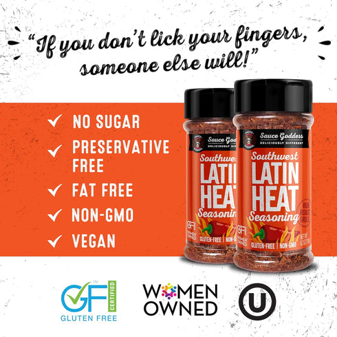 Sauce Goddess Southwest Latin Heat Shaker (2-Pack) - BBQ Rub with Tons of Cumin and Oregano Flavor, Cayenne, and New Mexican Red Chiles. No Sugar,...