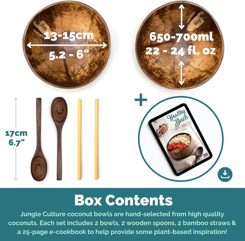 Jungle Culture 2 Polished Coconut Bowl and Wooden Spoons Set with Bamboo Straws • Natural Coconut Smoothie Bowls • Healthy Choice Coco Shell Acai ...