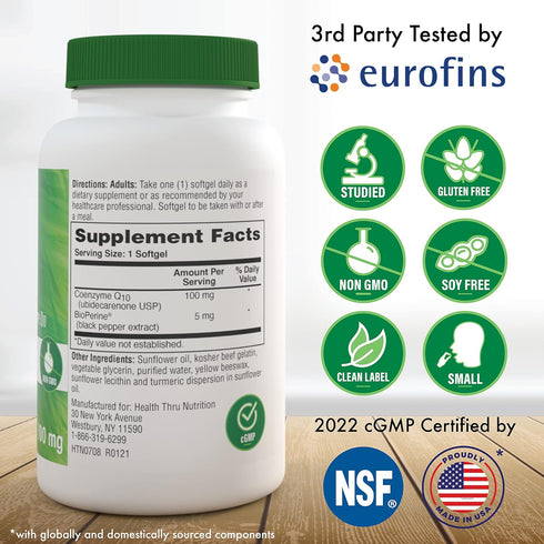 Health Thru Nutrition CoQ-10 100mg with BioPerine 120 Softgels | High Absorption Naturally Fermented USP Grade Coenzyme Q10 | 3rd Party Tested | H...