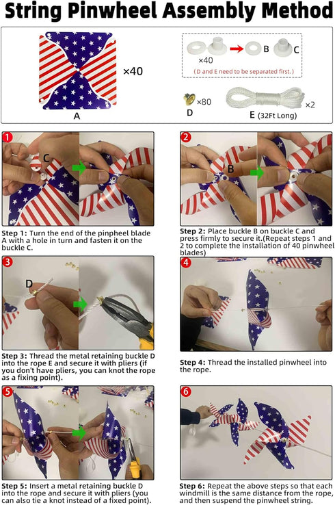 4th of July Patriotic Decorations, 40 Pcs Pinwheels with 2x33-Ft Ropes Memorial Day Fourth of July Independence Red Blue and White Star Stripe Str...