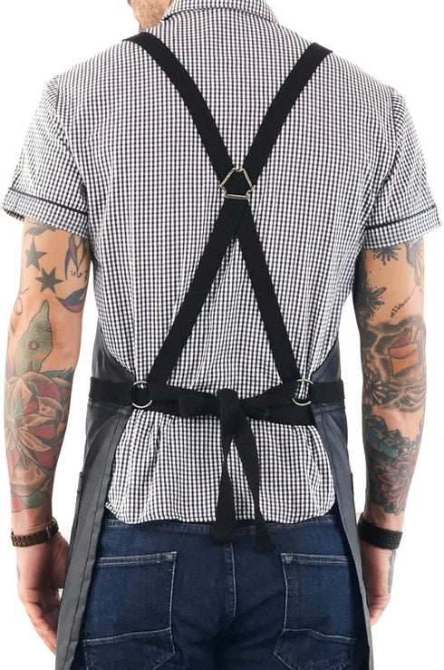 Under NY Sky Cross-Back Panther Black Apron – Coated Twill with Leather Reinforcement and Split-Leg – Adjustable for Men and Women – Pro Barber, T...
