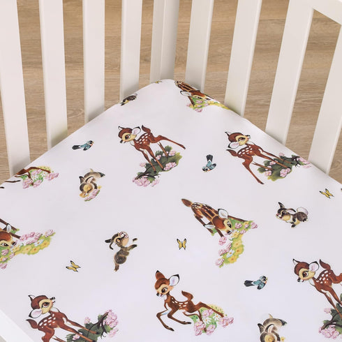 Disney Vintage Bambi - Tan, Green and White, Bambi and Thumper Floral Nursery Polyester Fitted Crib Sheet...