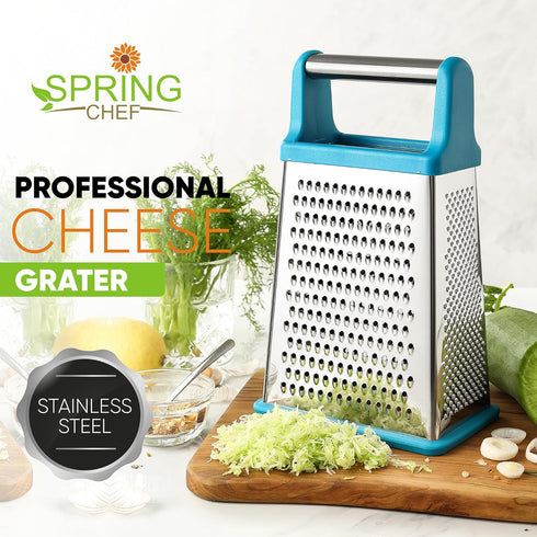Spring Chef Handheld Stainless Steel XL Parmesan Cheese Grater with Handle - 4 Sided Metal Box Grater for Kitchen - Dishwasher Safe Potato Shredde...