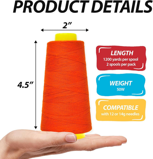 Mandala Crafts Mercerized Cotton Thread for Sewing Machine - 50 WT Cotton Threads for Quilting Thread - 2400 Yds Orange Thread Cotton Cone Thread ...
