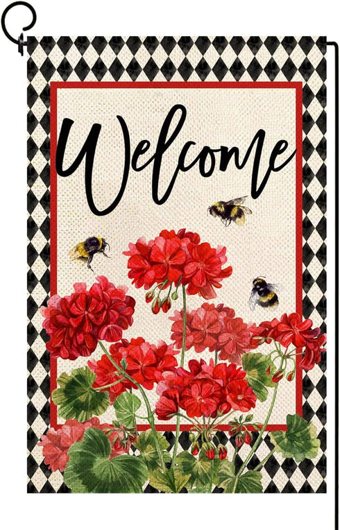 Welcome Summer Geranium Hydrangea Garden Flag Double Sided 12x18 Inch Flower Seasonal Farmhouse Outside Outdoor Decoration(A)...