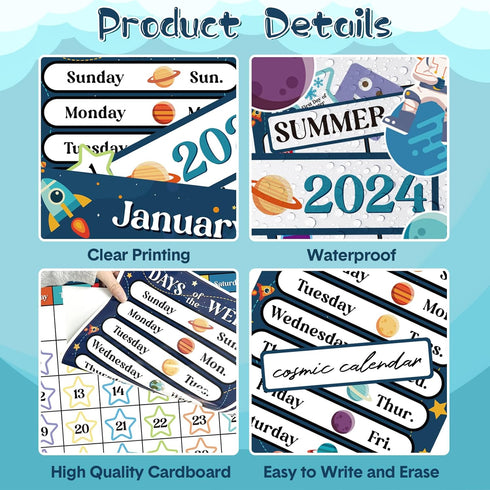 122pcs Cartoon Space Classroom Calendar Bulletin Board Set with Seasons Weather Festival I Feel Days of The Week for Classroom Back to School Deco...